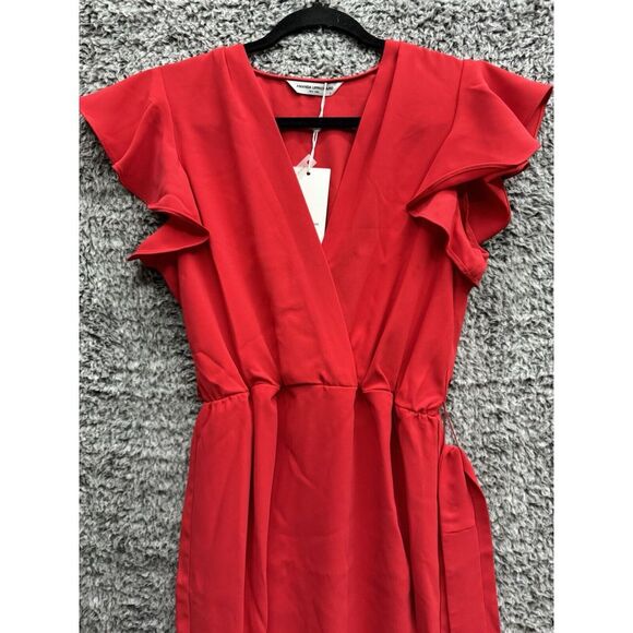 Amanda Uprichard Martinique Dress Red Midi Tulip V Neck Ruffle Sleeve NWT Small - Picture 4 of 9